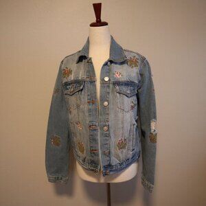Angel Kiss Denim Jacket Embroidered Floral Detail Size Large